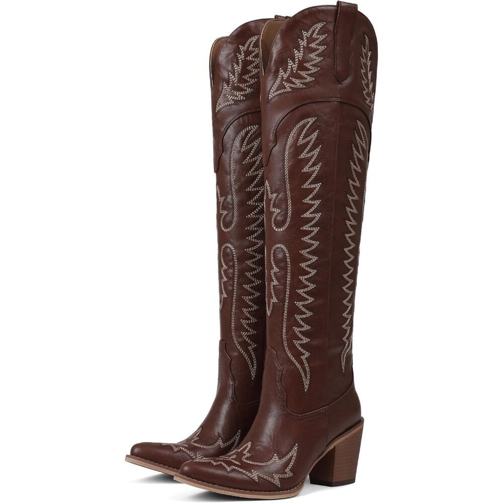 Women Over The Knee Western Boots Classic Embroidered Chunky Heel Slip On Brown